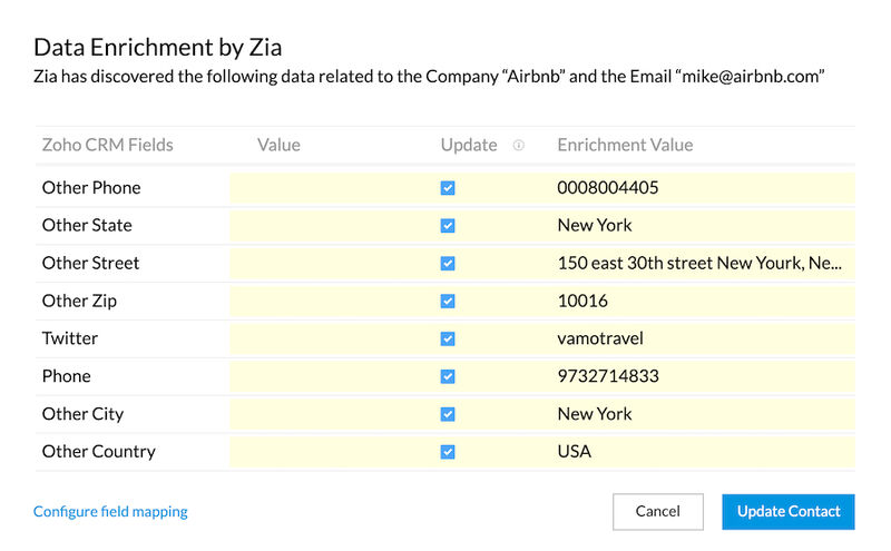 An example of Zoho CRM's automatic contact data enrichment with Zia AI.