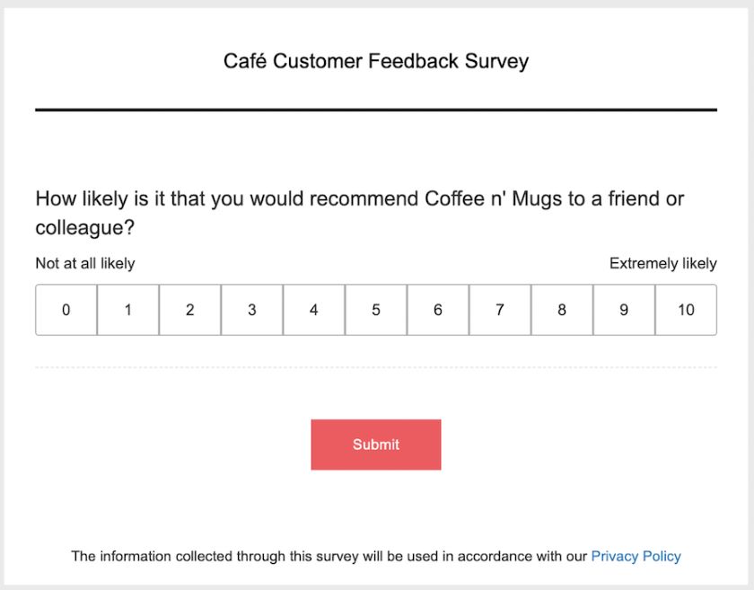 A sample NPS question seen in a customer feedback request generated using Zoho Survey.