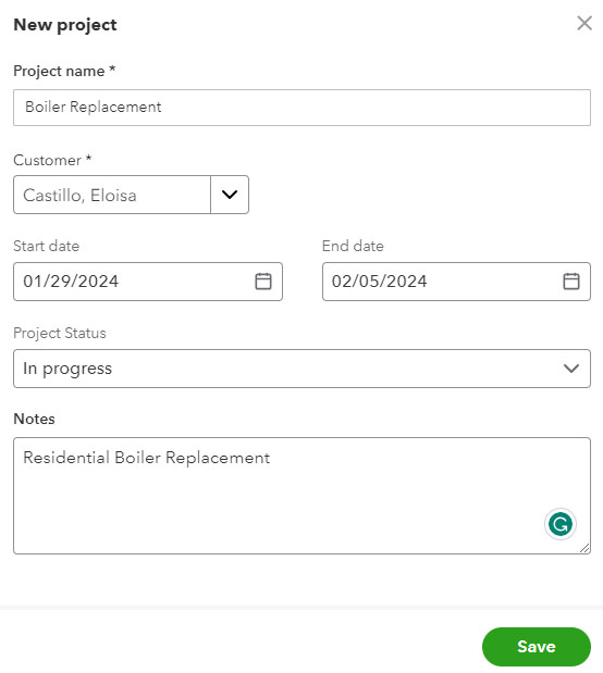 Screen where you can add a new project in QuickBooks Online.