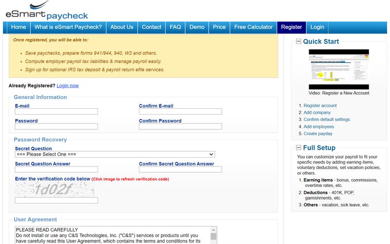 eSmart Paycheck signup form.