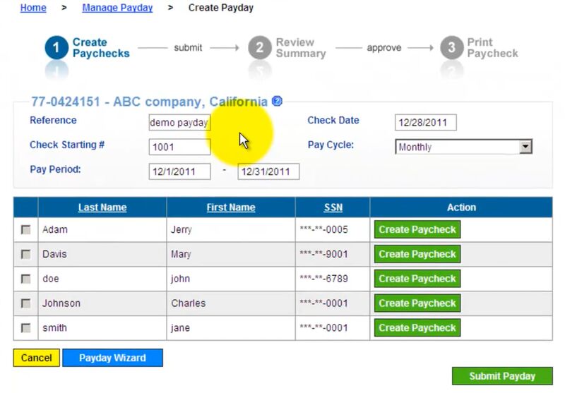 ePaycheck payroll page showing ability to create paychecks singularly or in bulk.