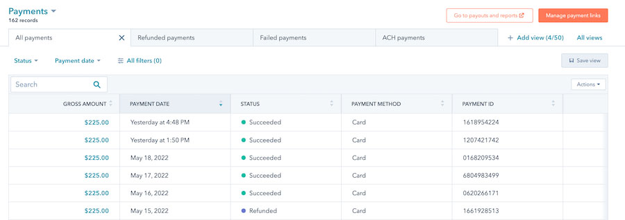 An example of HubSpot CRM's payment management index.