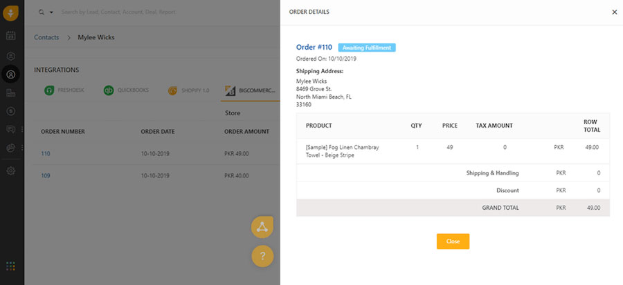 An example of a BigCommerce order viewed from Freshsales.