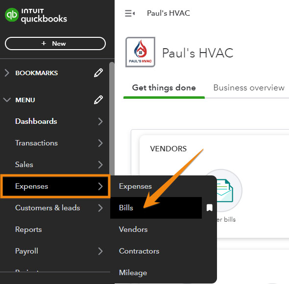Screen showing how to navigate to the Bills section in QuickBooks Online.