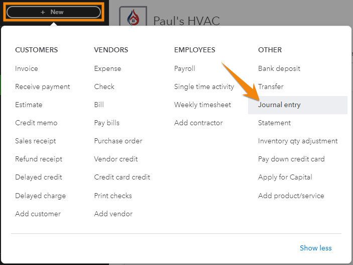 Screen showing how to navigate to the journal entry form in QuickBooks Online.