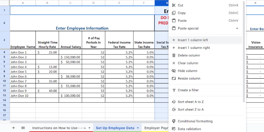 Adding a column to the Set Up Employee Data spreadsheet.