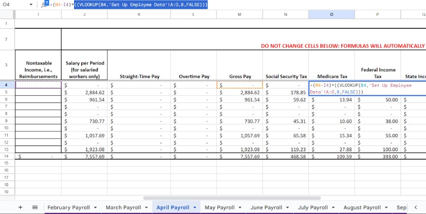 April payroll tab with the formula field for Medicare tax rates.