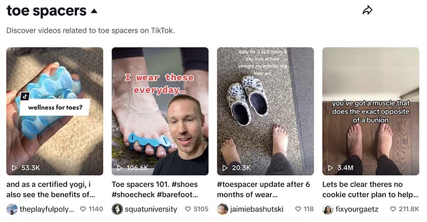 Examples of Tiktok videos about toe spacers