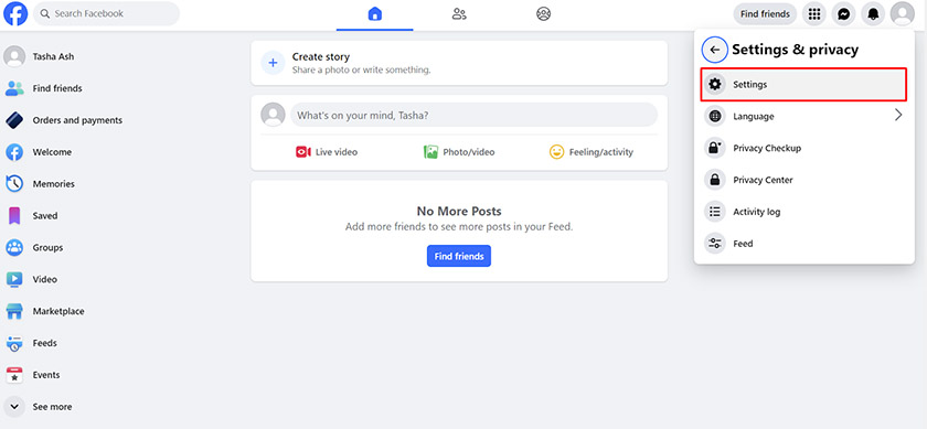 Facebook Home page with Settings menu.