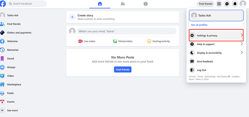Facebook Home page with Settings & privacy menu.
