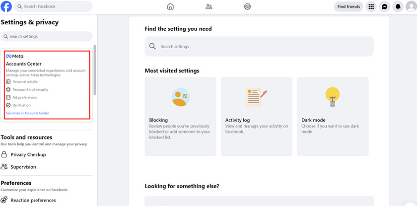 Facebook Settings & privacy with Meta Accounts Center menu.
