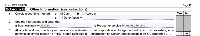 Form 1120-S, Schedule B, Questions 1-3.