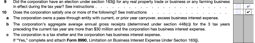 Form 1120S, Schedule B, Questions 9 and 10.