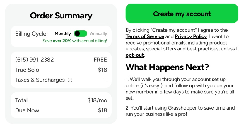 Grasshopper self-service portal for account billing.