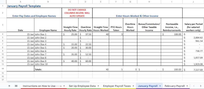 January Payroll tab screenshot.