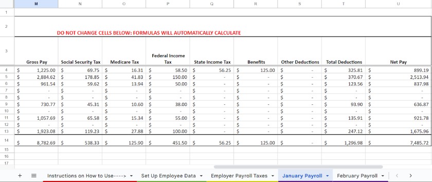 January Payroll tab that shows cells with dash marks in them.