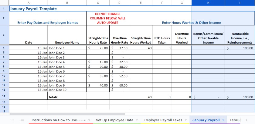 January Payroll tab with the columns for bonuses and non-taxable income.