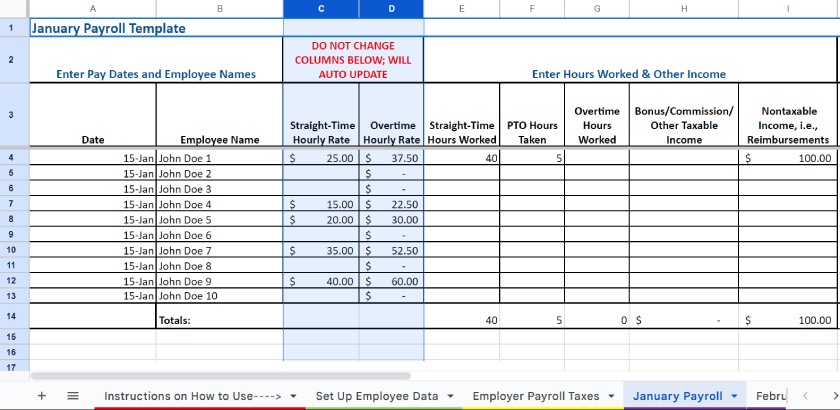 January Payroll tab with the columns that compute hourly and overtime rates.