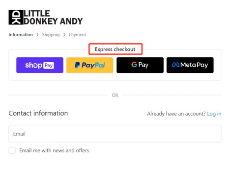 Little Donkey Andy checkout page with Meta Pay button.