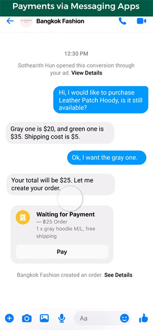 Messenger with Meta Pay button.