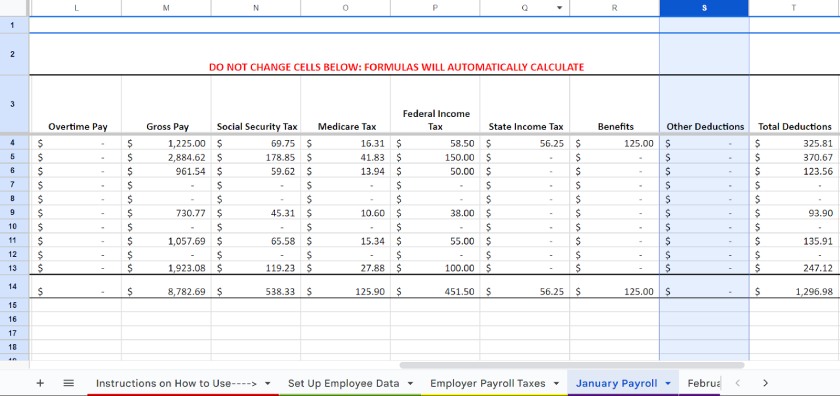 Monthly payroll tab with the Other Deduction column.