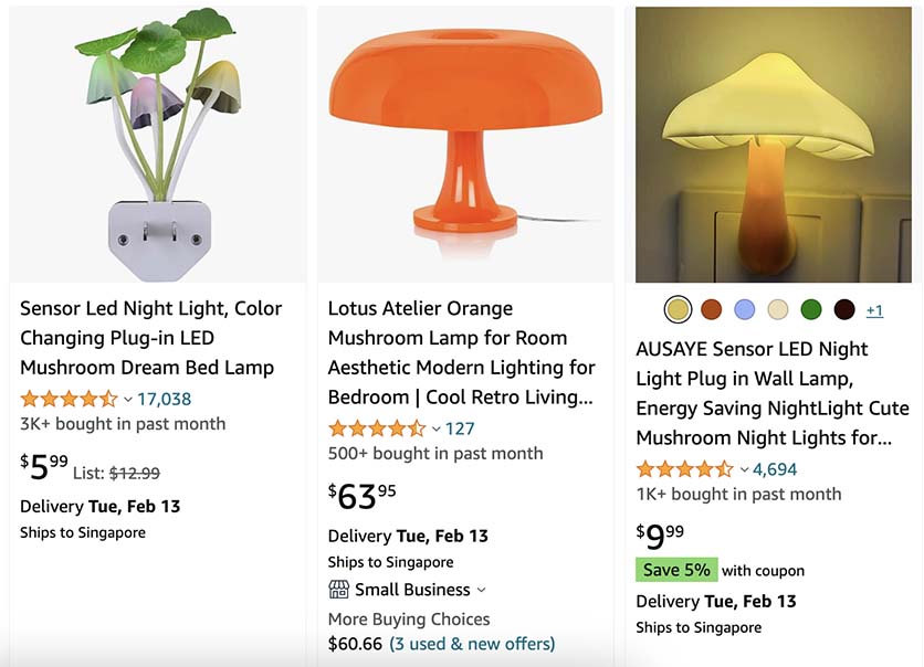 Mushroom lamp products listed on amazon.