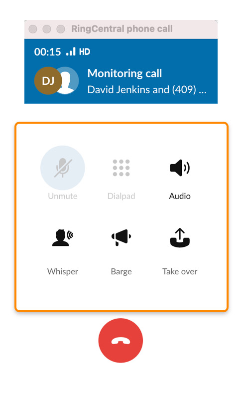 RingCentral interface showing a live call and the call control buttons, including "Audio," "Whisper," "Barge," and "Take over".