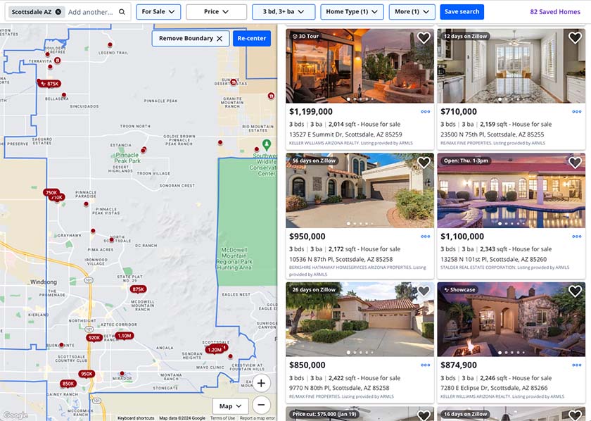 Sample property search with filters on Zillow in Scottsdale Arizona.