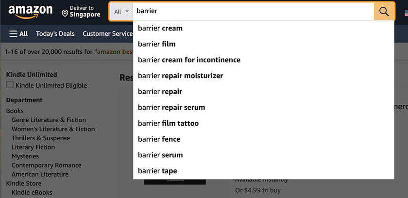 Search results for typing in "barrier" in amazon search bar.