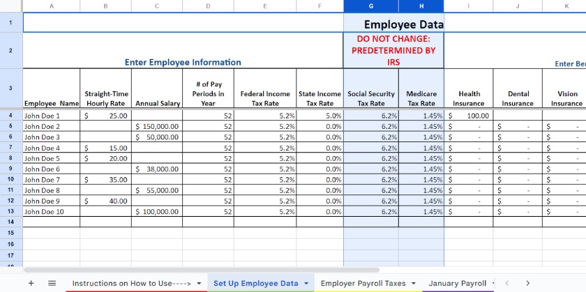 Set Up Employee Data tab screenshot.