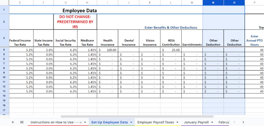 Set Up Employee Data tab with two Other Deduction columns.
