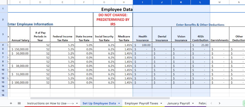 Set Up Employee Data tab with the columns to input benefits deductions.