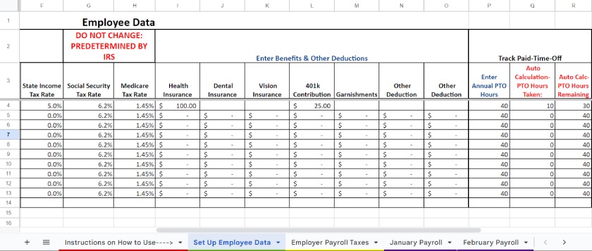 Set Up Employee Data tab with the columns to input PTO.