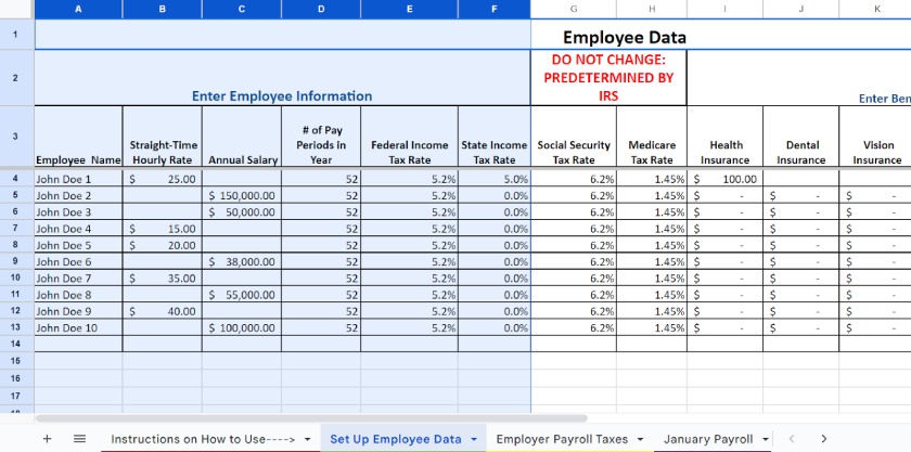 Set Up Employee Data tab with the columns to input staff information.