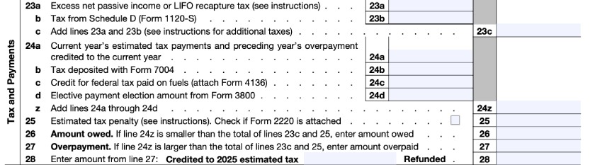 Tax and payments section of IRS Form 1120S.
