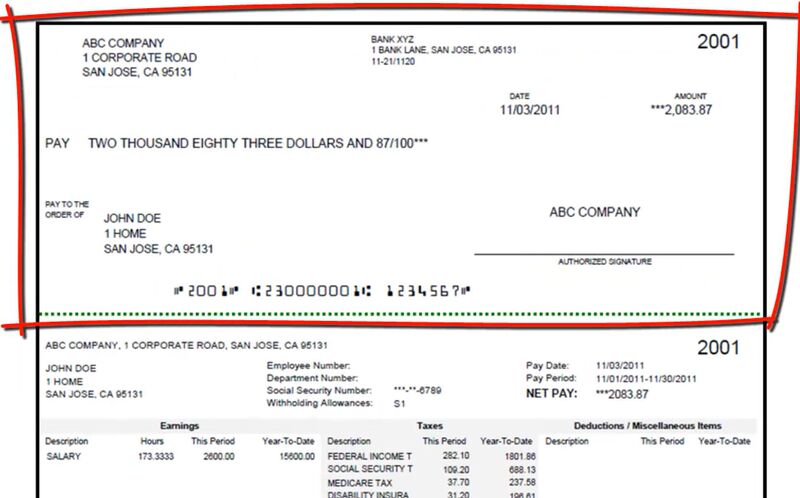 ePaycheck sample check showing it works for 3-part check stock.