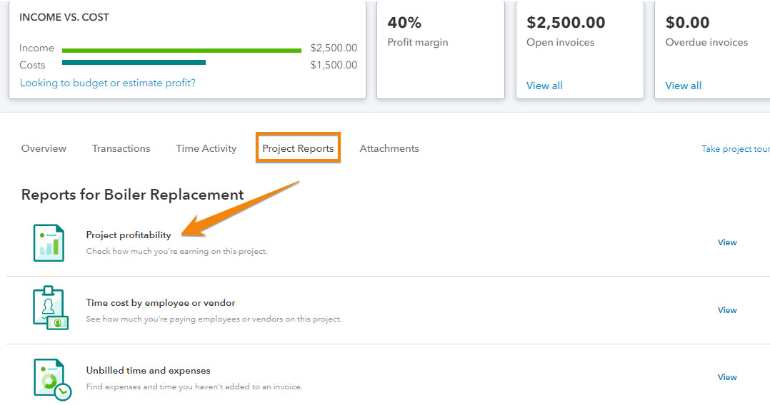 Screen where you can run a detailed project profitability report in QuickBooks.