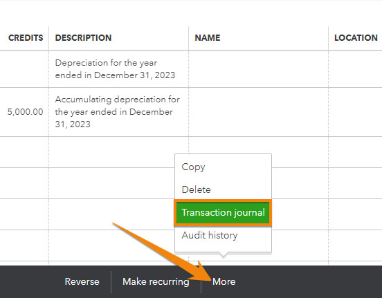 Screen showing how to view transaction journal in QuickBooks.