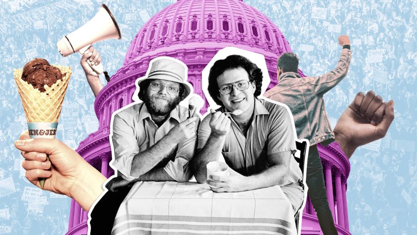 Collage-style artwork featuring two men sharing an ice cream cone in front of a government building surrounded by hands in the shape of fists and a megaphone.