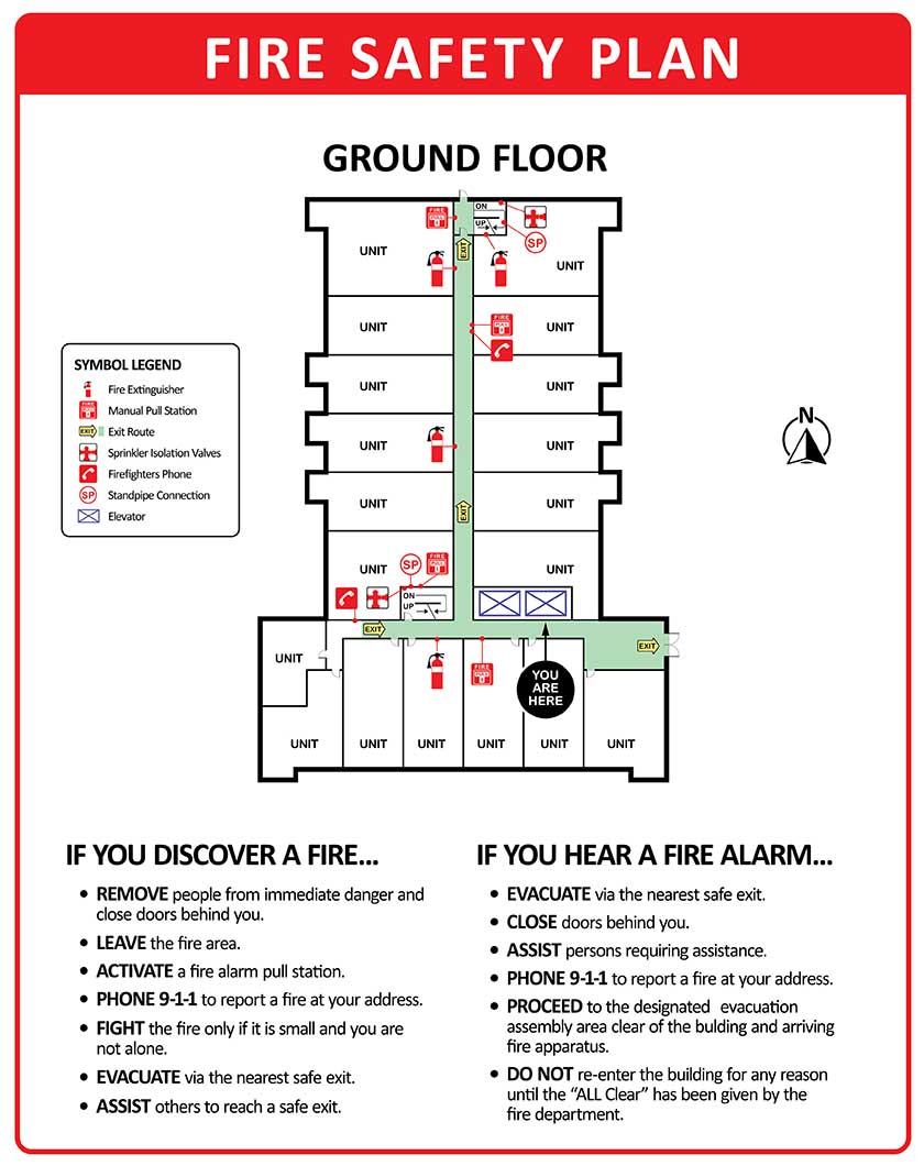 Emergency exit floor plan for apartment building.