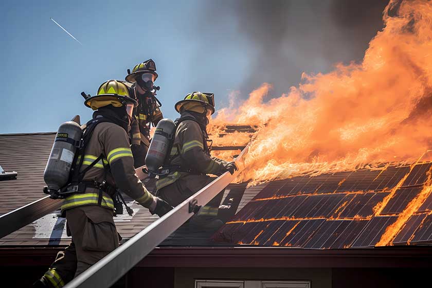 Firefighter team on the roof of a house with smoke.