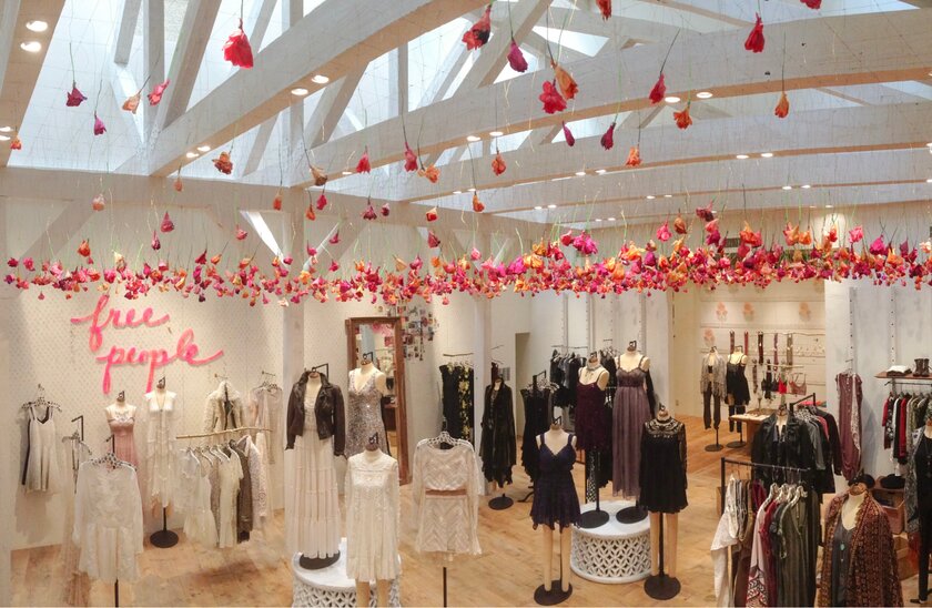 Free People Store with flowers hanging from the ceiling