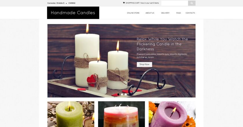 An online handmade candle store with multiple product listings for various candles.