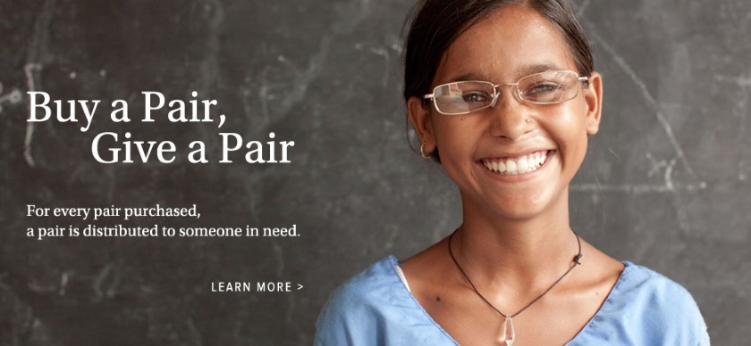 A girl smiling and wearing glasses next to text that reads "buy a pair, give a pair".