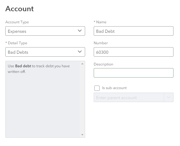 Screen where you can add a new bad debt expense account in QuickBooks Online