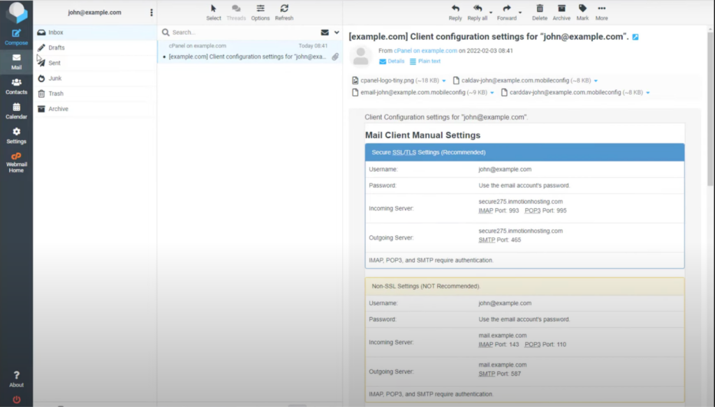 A sample interface of Inmotion Hosting's email inbox.