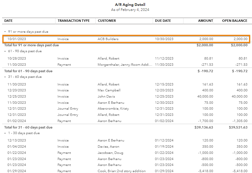 Sample A/R aging detail report in QuickBooks showing a potential bad debt
