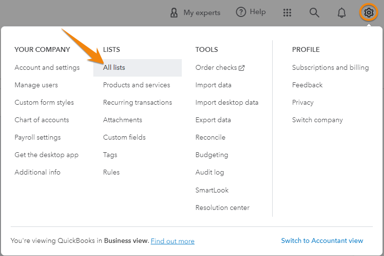 Screen showing how to navigate to 'All lists' in QuickBooks Online