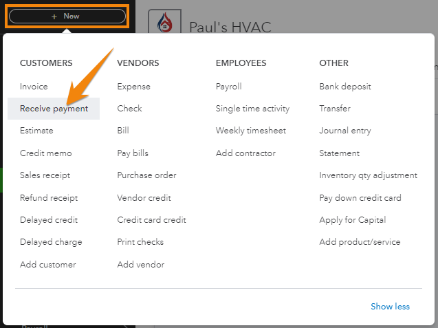 Screen showing how to navigate to the Receive payment form in QuickBooks Online