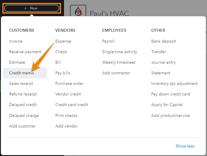 Screen showing how to navigate to Credit memo in QuickBooks Online